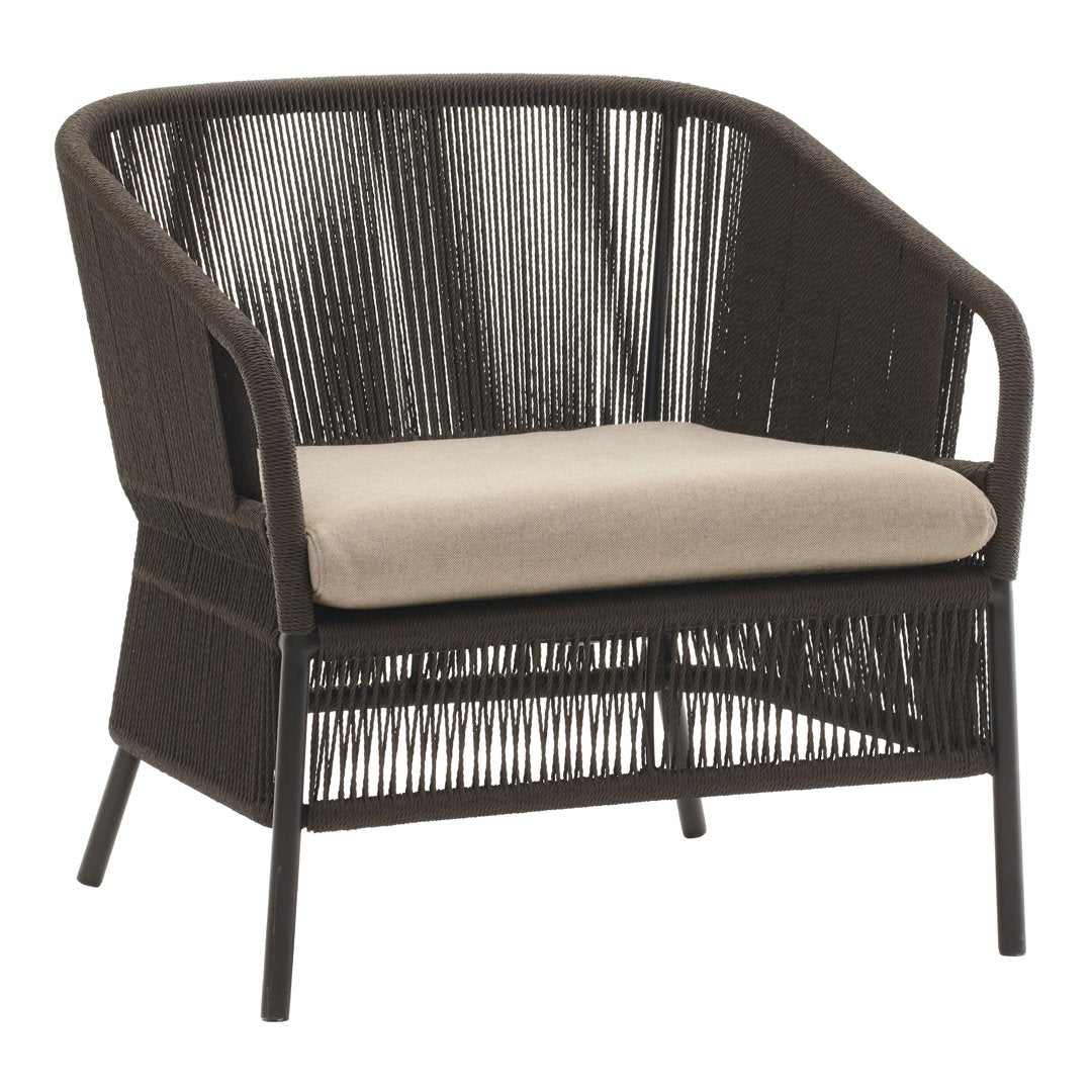 Brown wicker chair with a textured finish and light beige cushion, perfect for modern outdoor decor.