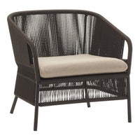 Brown wicker chair with a textured finish and light beige cushion, perfect for modern outdoor decor.