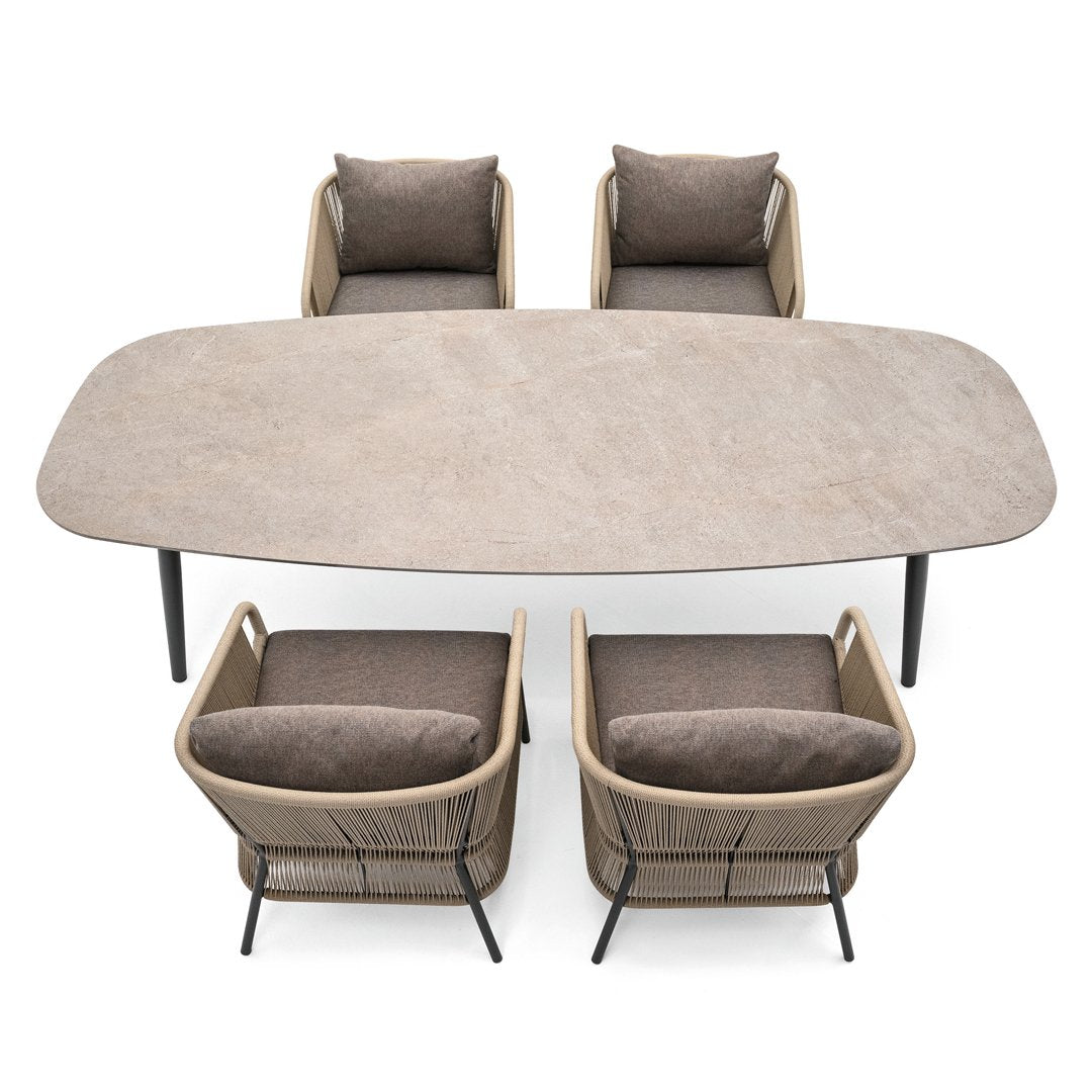Beige oval table with four matching beige and brown patterned chairs, perfect for modern outdoor dining.