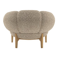 Chic beige upholstered chair with a textured, speckled pattern and smooth wooden legs. Modern, stylish accent furniture.