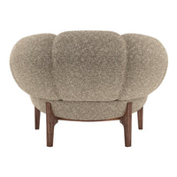 Textured beige fabric armchair with rounded silhouette and dark wooden legs, perfect for modern decor.