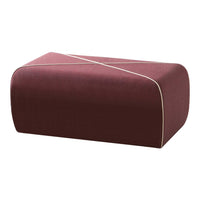 Burgundy upholstered ottoman with a modern diagonal pattern and contrasting light trim.