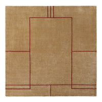 Beige rug with bold maroon geometric patterns and outlined shapes, adding a modern touch to any space.