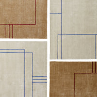 Geometric pattern rug featuring earthy beige tones with deep red and blue lines, creating a modern, stylish look.