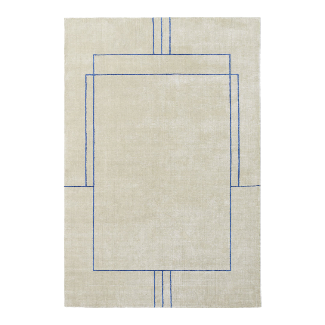 Beige area rug with minimalist blue geometric patterns and clean lines. Perfect for modern decor.