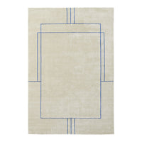 Beige area rug with minimalist blue geometric patterns and clean lines. Perfect for modern decor.