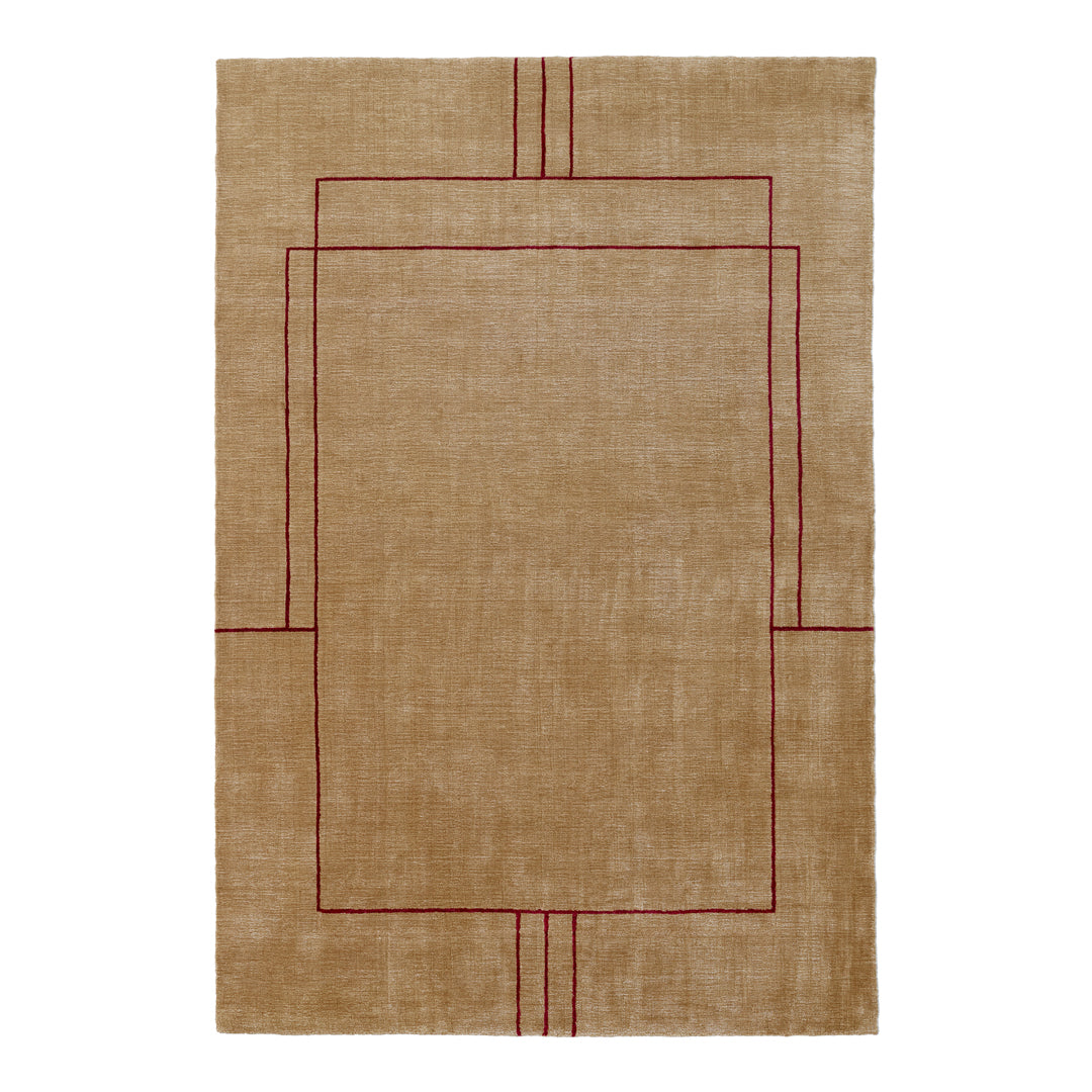 Beige area rug with red geometric patterns and outlines, featuring a modern, minimalist design.