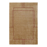 Beige area rug with red geometric patterns and outlines, featuring a modern, minimalist design.