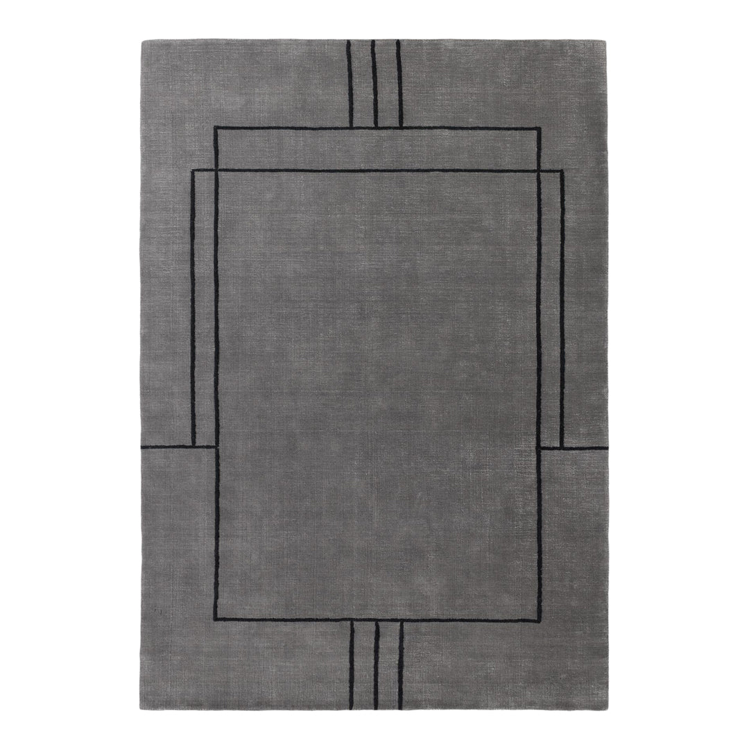 Gray area rug featuring geometric black line patterns, adding modern elegance to any space.