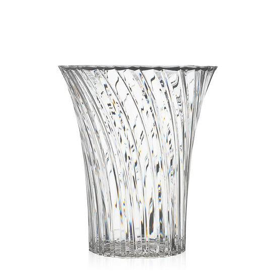Clear glass vase with elegant ribbed pattern, featuring subtle light reflections and a modern, sleek design.