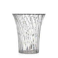 Clear glass vase with elegant ribbed pattern, featuring subtle light reflections and a modern, sleek design.