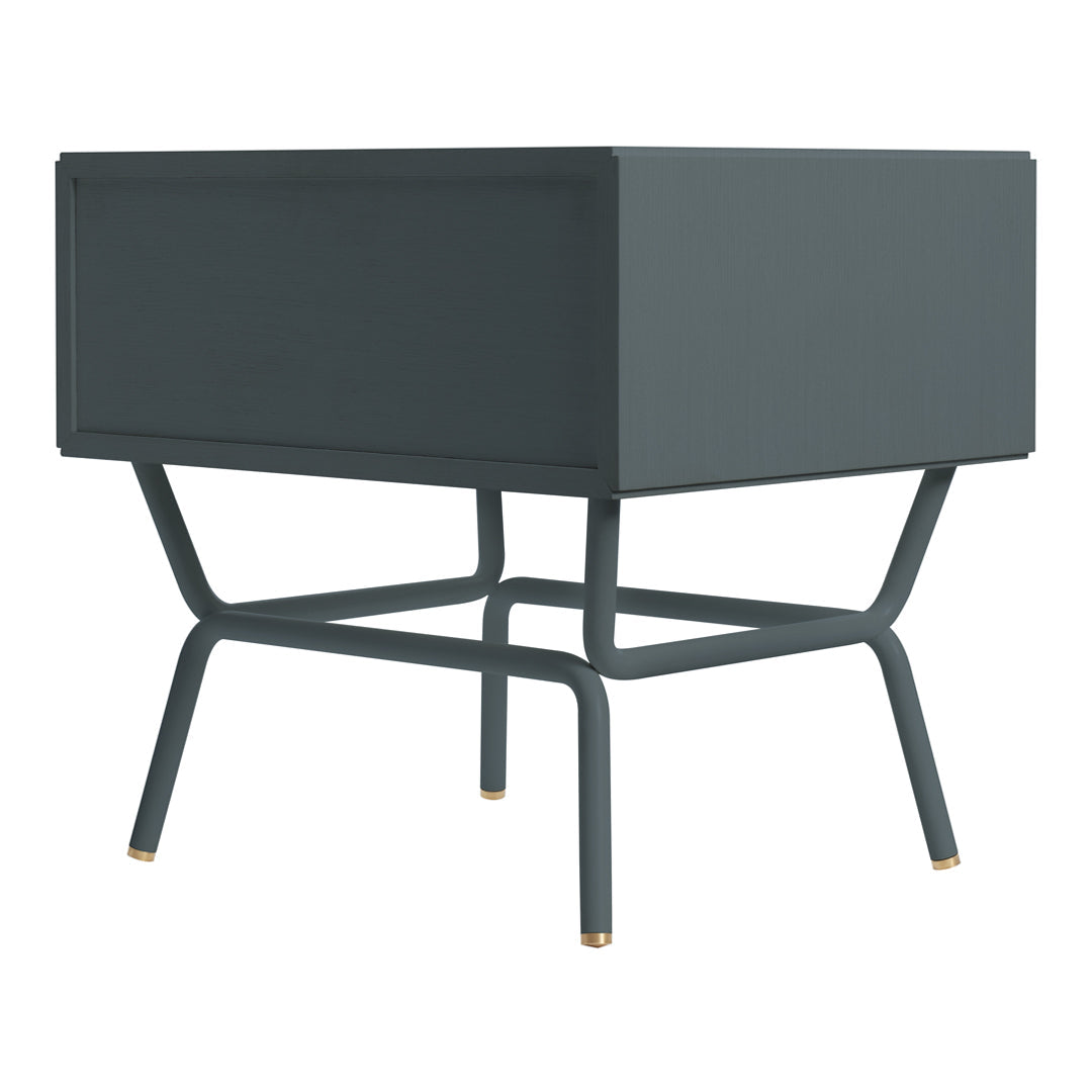 Dark grey nightstand with a minimalist design and gold accents on the legs, featuring a smooth, solid surface.