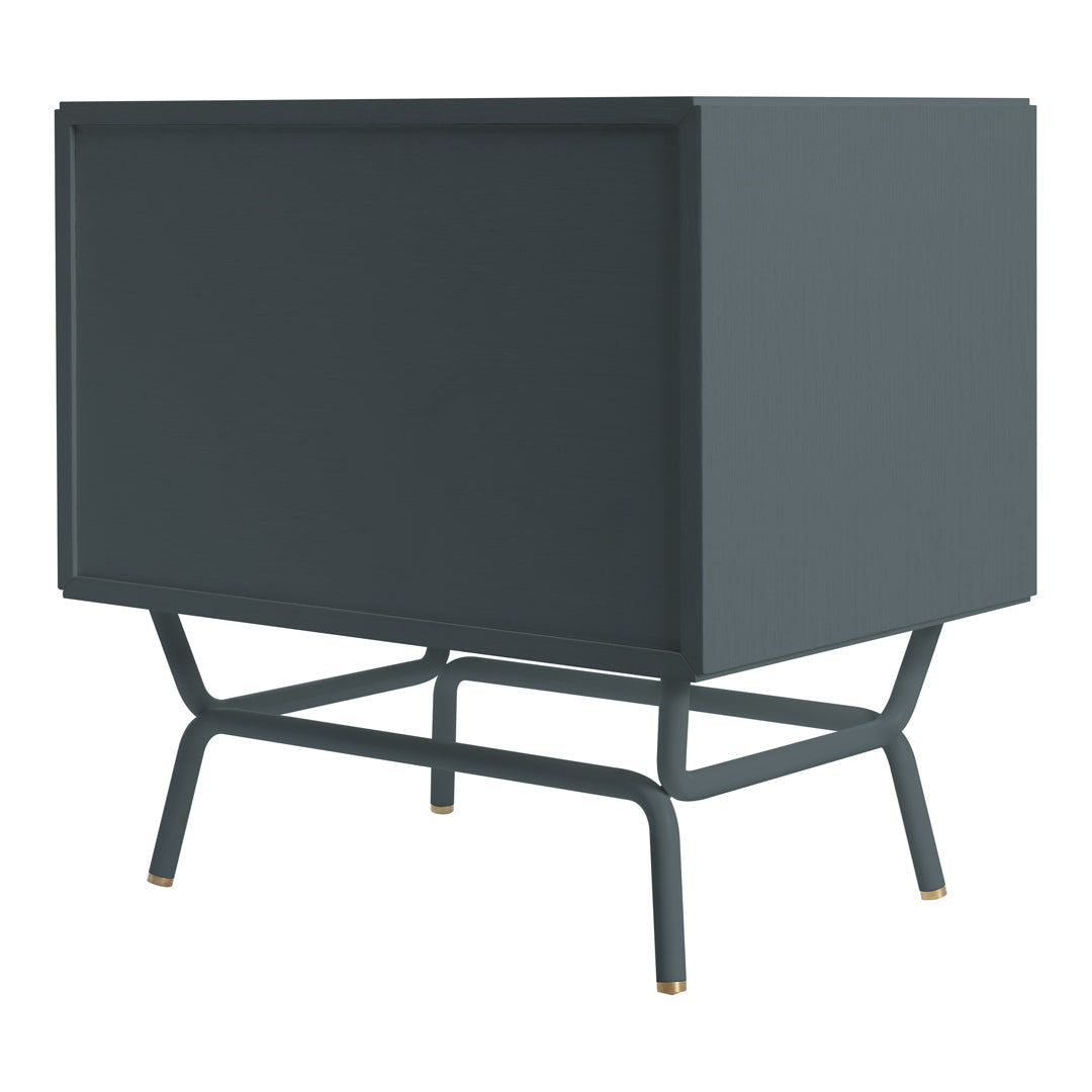 Sleek gray storage cabinet with a minimalist design and metal legs in black and gold accents.
