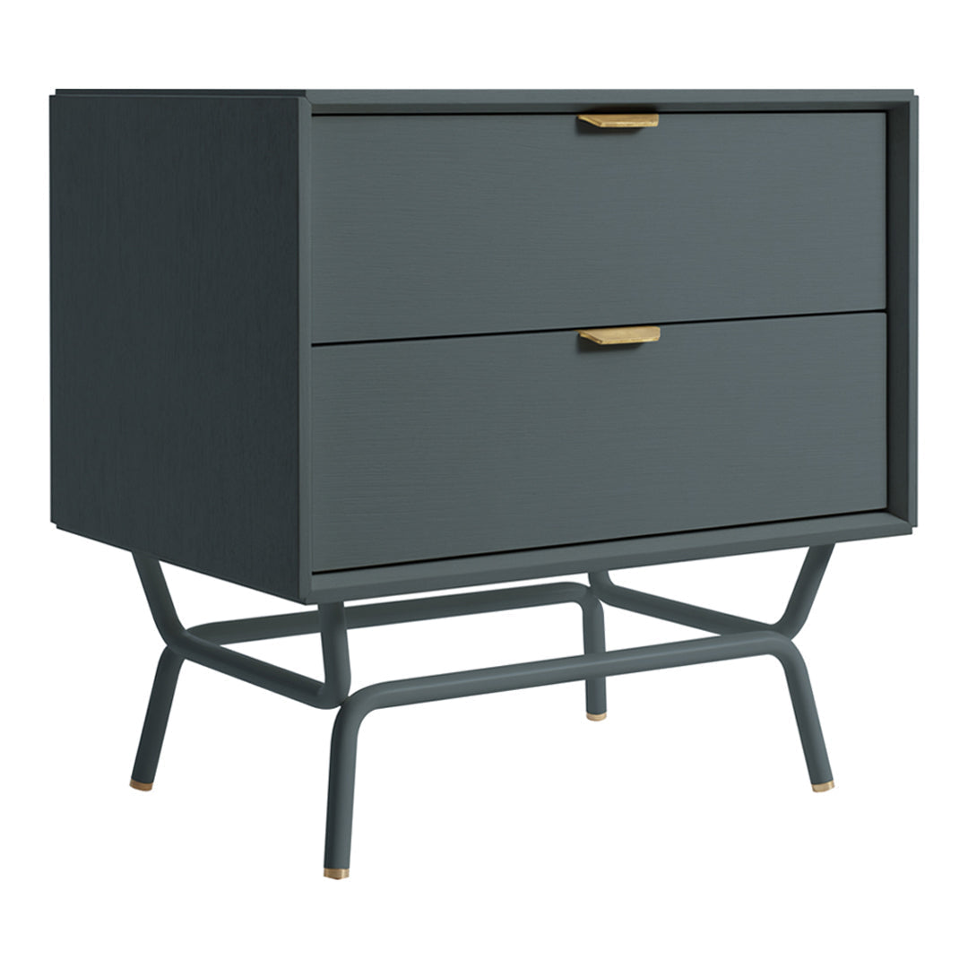 Modern gray nightstand with sleek lines and gold accents on drawer pulls. Ideal for contemporary decor.