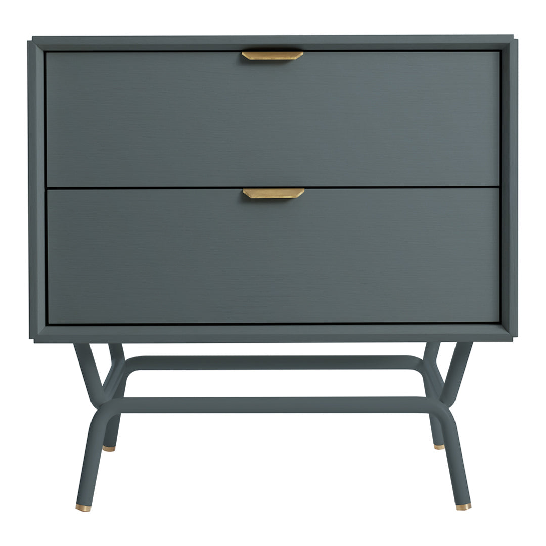 Stylish gray nightstand with two drawers, featuring a sleek design and gold handles. Modern and minimalist decor.