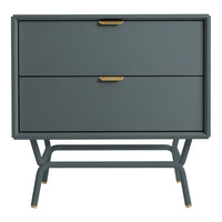 Stylish gray nightstand with two drawers, featuring a sleek design and gold handles. Modern and minimalist decor.
