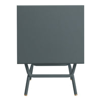 Sleek dark teal cabinet with a smooth surface and minimalist design on sturdy gold-tipped legs.