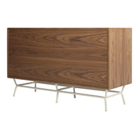 Walnut wood finish with natural grain pattern, paired with sleek white metal legs for a modern aesthetic.