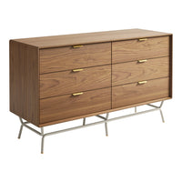 Mid-century modern dresser in warm walnut wood finish, featuring six smooth drawers with sleek gold handles and metal legs.