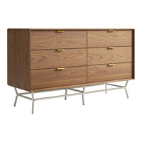 Wood-toned dresser with six smooth drawers, golden handles, and a sleek metal base, featuring a modern design.