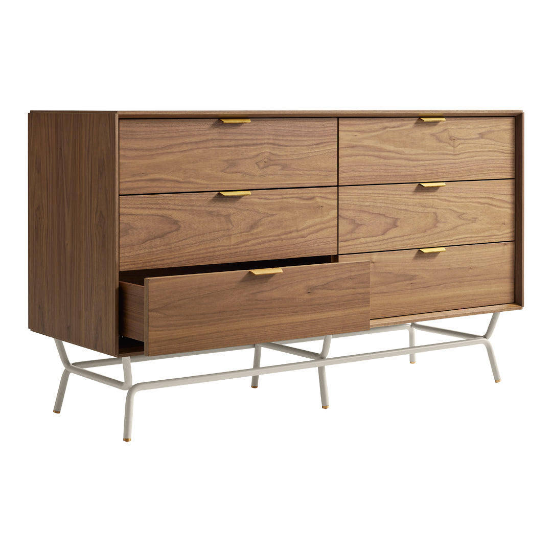 Wooden dresser with a rich walnut finish, sleek gold hardware, and minimalist design, featuring six spacious drawers.