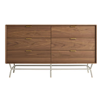 Walnut wood finish with smooth, clean lines and gold handles on a modern metal base. Elegant mid-century design.