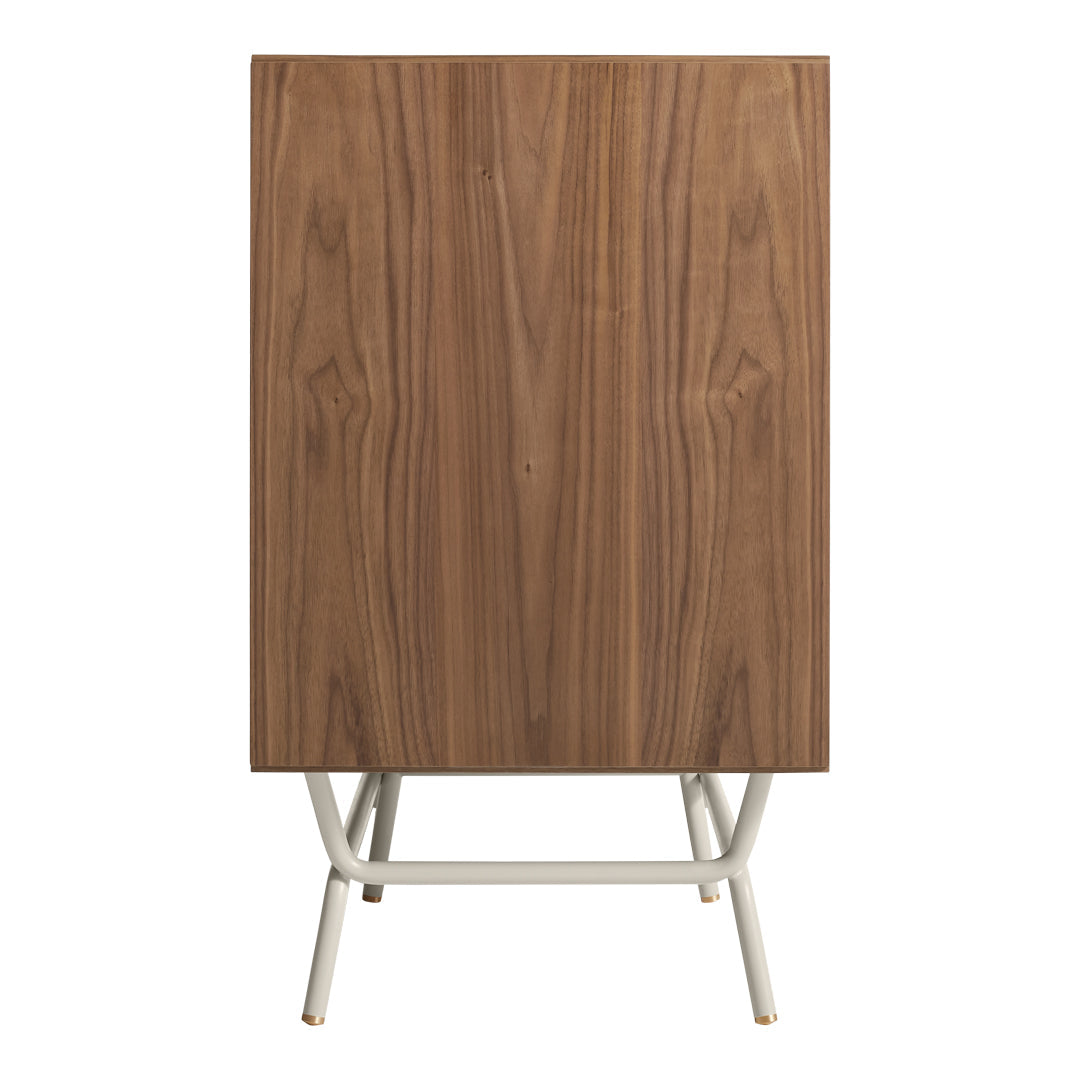 Walnut wood cabinet with natural grain, paired with a sleek white metal base for a modern contrast. 