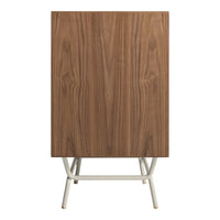 Walnut wood cabinet with natural grain, paired with a sleek white metal base for a modern contrast. 
