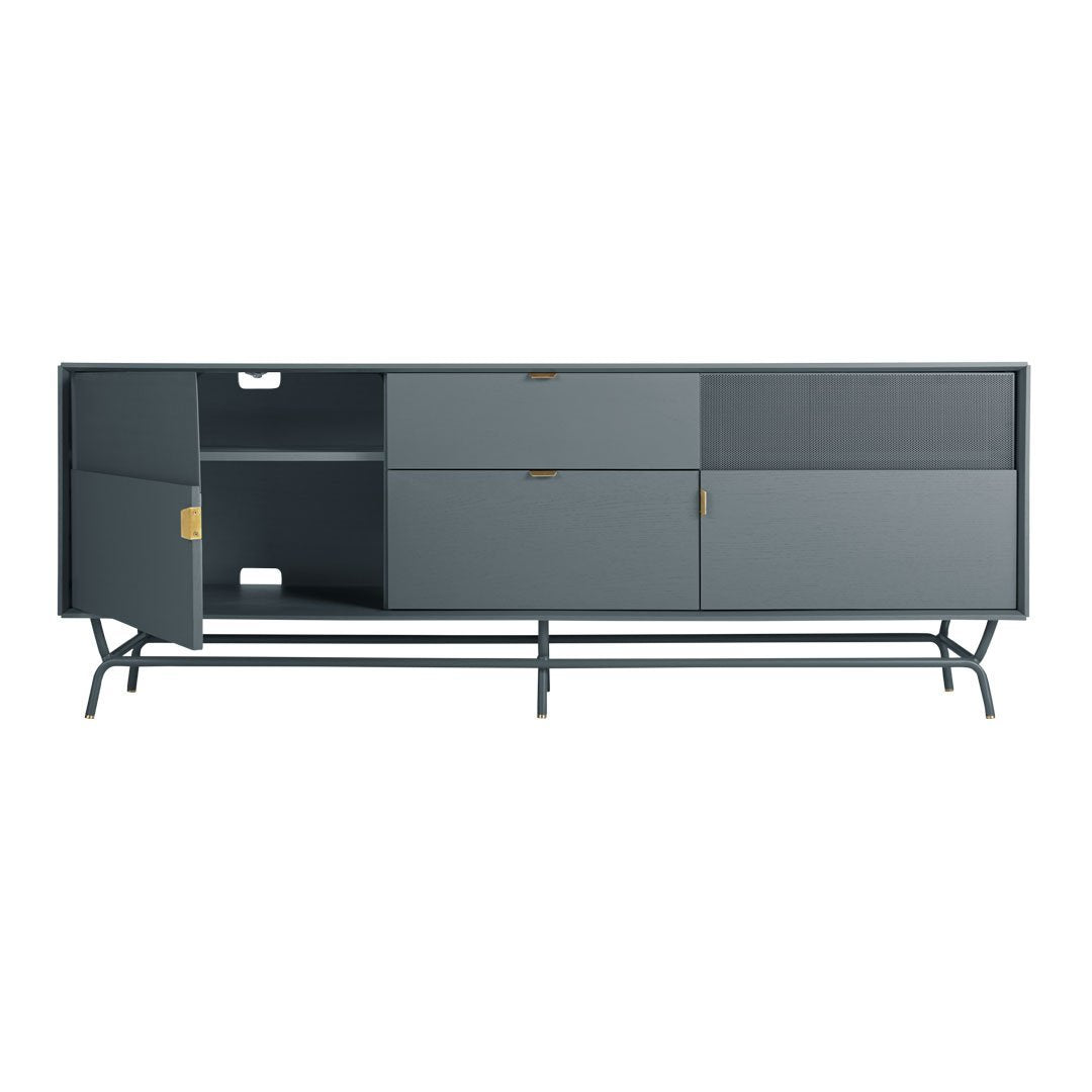 Gray modern media console with smooth matte finish and brass accents, featuring sleek lines and geometric patterns.
