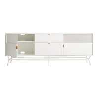Modern white media console with sleek lines, golden accents, and textured mesh patterns for a stylish touch.