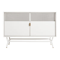 White mid-century modern cabinet with mesh panel doors and a sleek metal frame. Elegant and minimalist design.