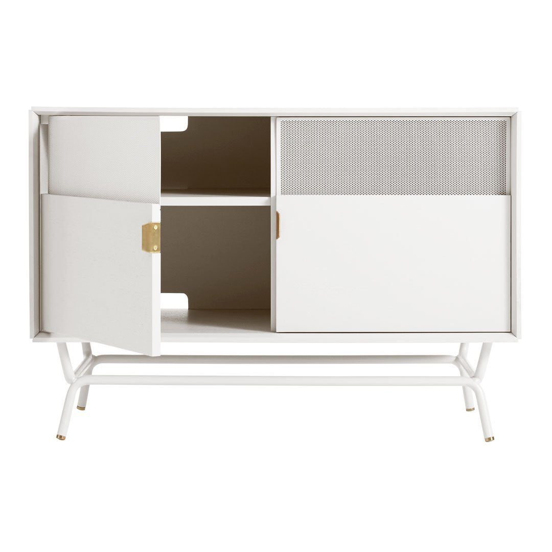 White modern cabinet with a clean design, featuring a mix of solid and mesh patterns on doors.