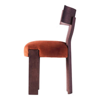 Brown velvet upholstered chair with dark wood legs, featuring a minimalist design and sleek lines.