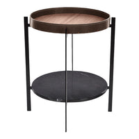Round side table with a walnut top and black marble lower shelf, featuring sleek black metal legs.