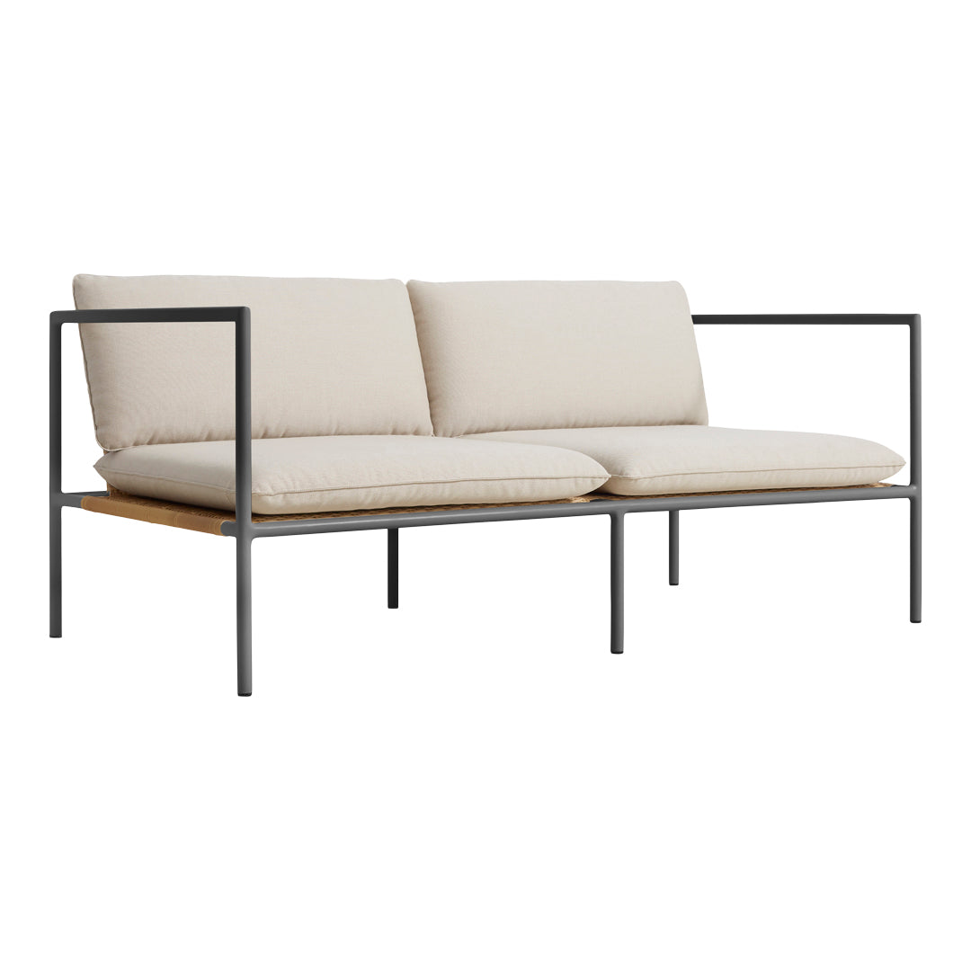 Beige cushioned sofa with sleek black metal frame and natural wood accents, designed for modern aesthetic appeal.