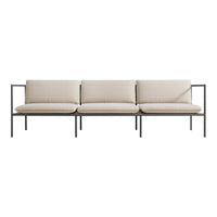Beige cushioned sofa with a minimalist black metal frame, featuring a clean, modern design and soft, textured upholstery.