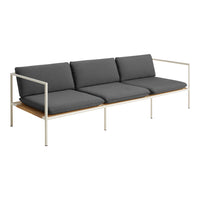 Gray upholstered sofa with a sleek white metal frame and wooden base, featuring a modern, minimalist design.