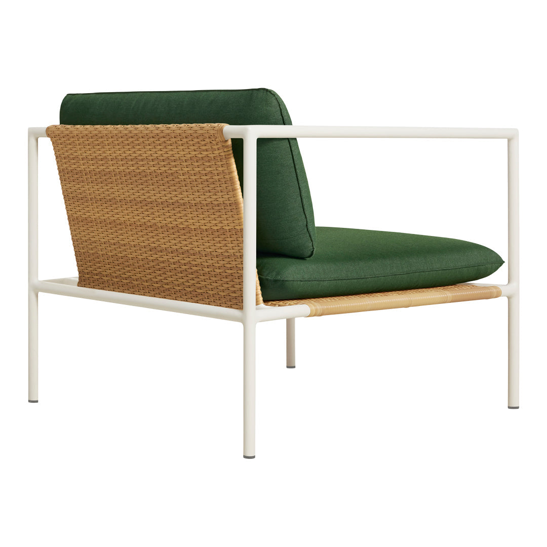 Stylish green cushion chair with natural woven back and white metal frame, perfect for modern outdoor decor.