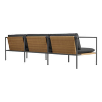 Stylish black and natural wood outdoor sofa with sleek metal frame and textured seating cushions. Perfect for modern patios.
