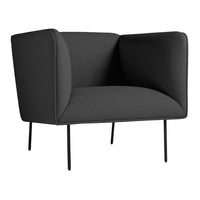 Modern black upholstered chair with minimalist design and sleek black metal legs, perfect for contemporary interiors.