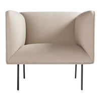 Beige modern accent chair with clean lines and minimalist design, featuring a soft fabric upholstery and sleek black legs.