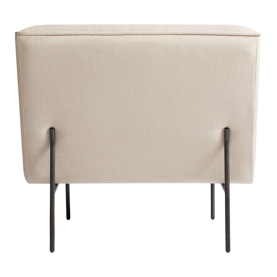 Beige upholstered storage bench with a sleek design and minimalist black metal legs.