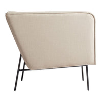 Beige upholstered chair with smooth, curved lines and sleek black metal legs. Minimalist design for modern decor.