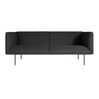 Sleek black sofa with a minimalist design and smooth fabric, featuring thin metal legs and no visible patterns.