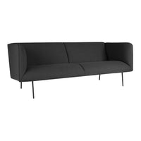 Modern black sofa with sleek lines and minimalistic design, featuring a textured fabric finish and metal legs.