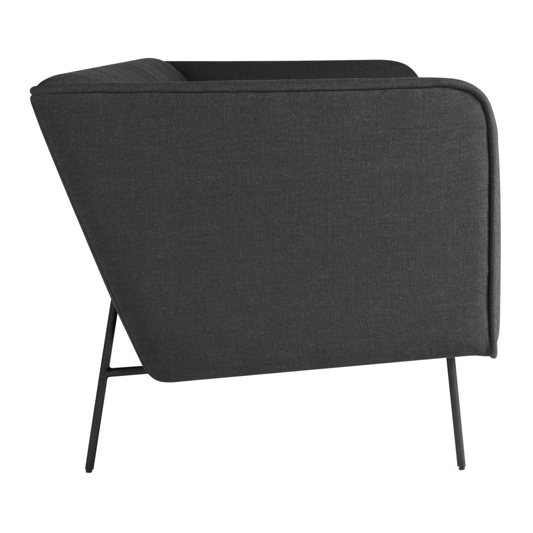 Gray fabric armchair with sleek black metal legs, featuring a modern minimalist design.