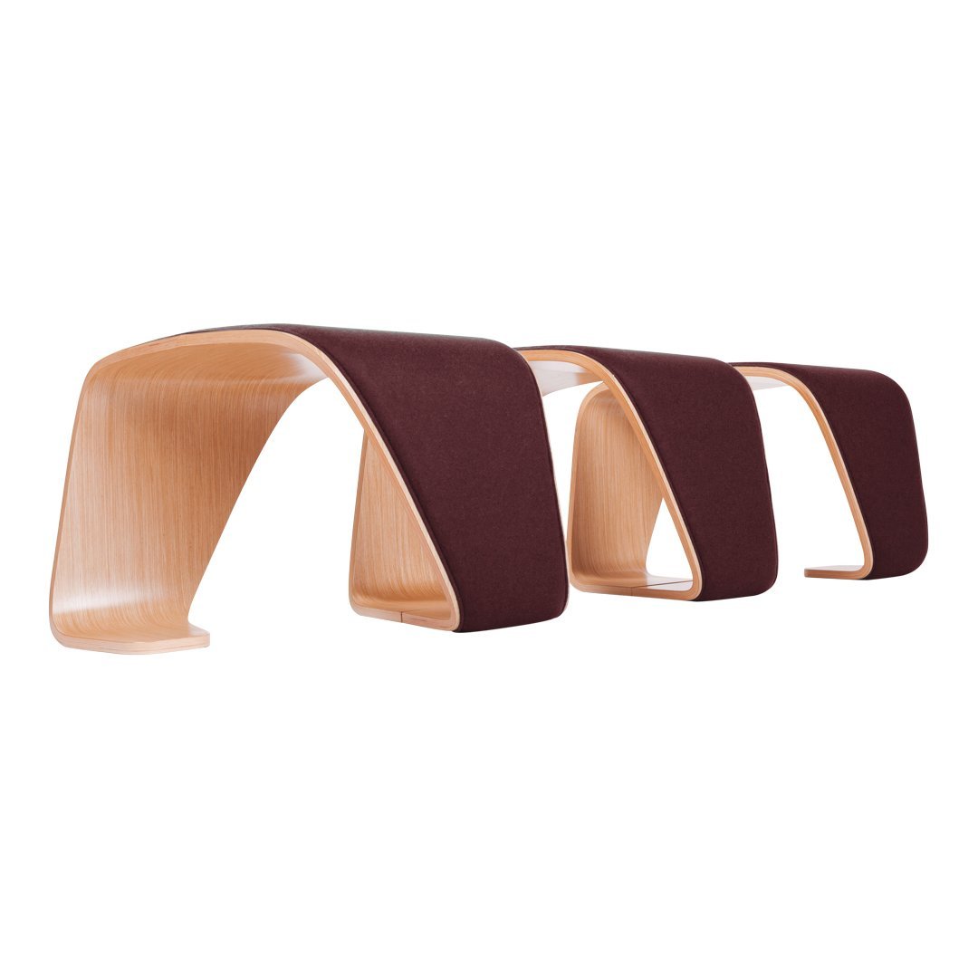 Curved wooden bench with a smooth natural finish and deep maroon upholstery accents. Modern design, sleek lines.
