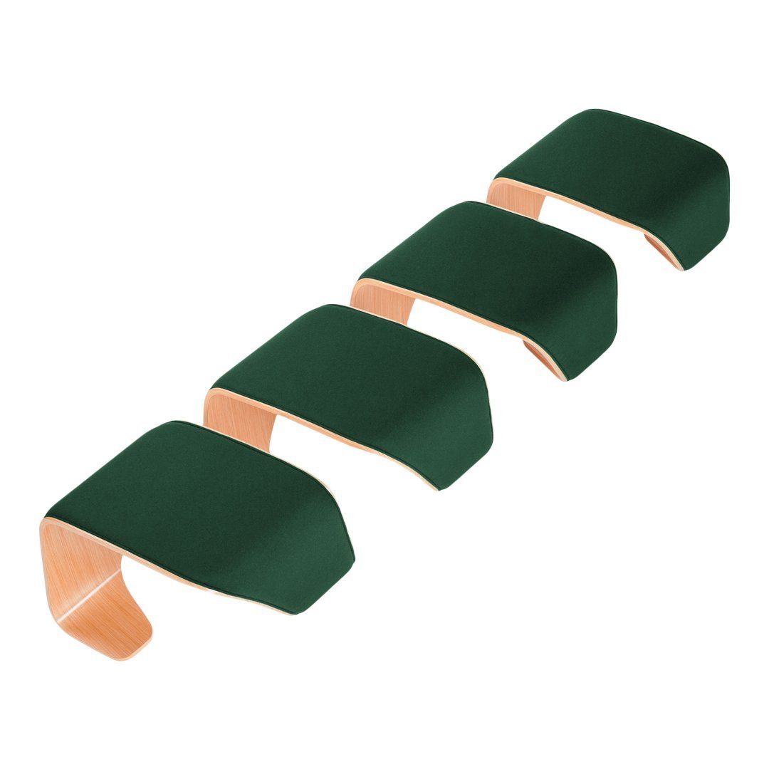 Green fabric straps with a smooth finish and copper accents, arranged in a set of four.