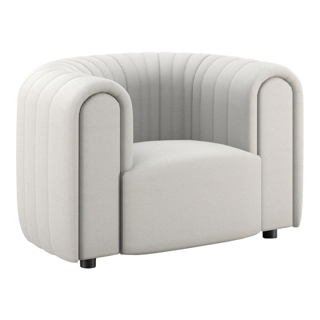 Stylish white curved armchair with ribbed upholstery and smooth, rounded edges. Perfect for modern decor.