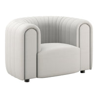Stylish white curved armchair with ribbed upholstery and smooth, rounded edges. Perfect for modern decor.